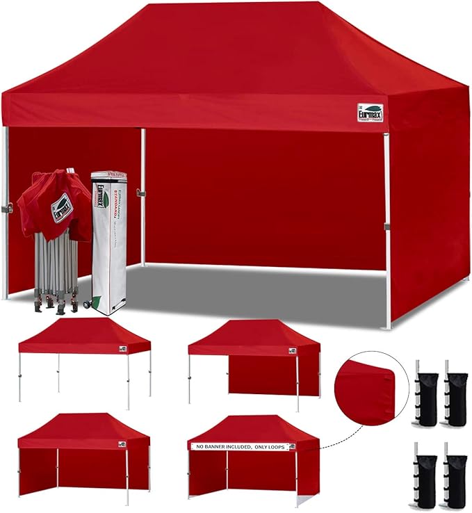 Eurmax USA 10'x15' Pop-up Canopy Tent Commercial Instant Canopies with 4 Removable Zipper End Side Walls and Roller Bag, Bonus 4 SandBags(Red)