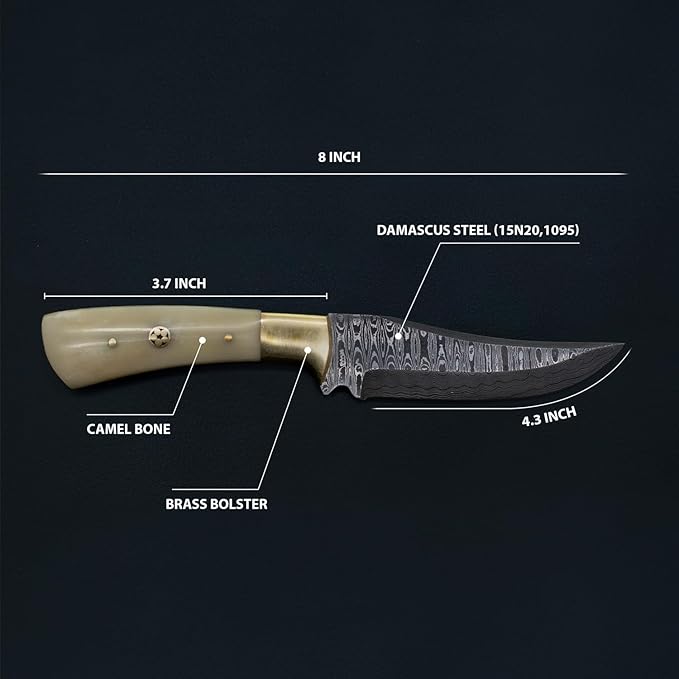 Titan International Knives 8" Perfect Hunting & Skinning Damascus Steel Fixed Blade Knife | Handmade 1095 4340 Carbon Mix Hand Pounded | Camel Bone Grip ideal for Outdoor Camping includes Sheath