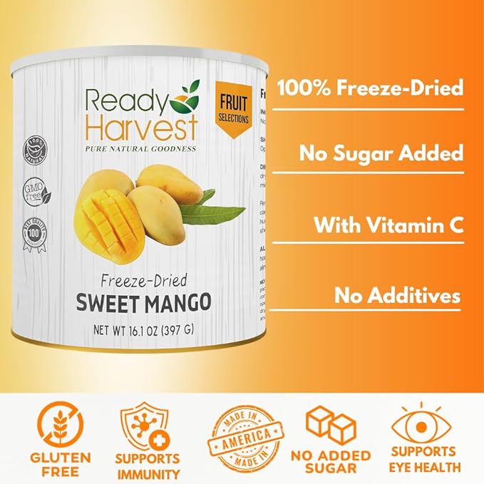 Ready Harvest Freeze Dried Food - Mango | Emergency Snacks | Fruit for Camping & Survival | #10 Can | 25-Year Shelf Life | Cans Filled to the Top