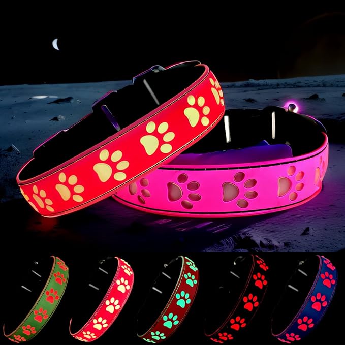 LED Light Up Dog Collar, USB-C Rechargeable, Multicolor Paw Print Design, 15 Modes Lighting Night Safety (Pink, L(15.7-19.7"))