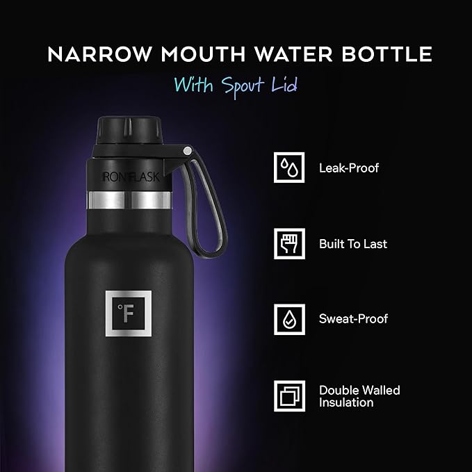 IRON °FLASK Camping & Hiking Hydration Canteens - 3 Lids (Narrow Spout Lid) Leak Proof Vacuum Insulated Stainless Steel - Hot & Cold Double Walled Sports Water Bottle - Blue Waves, 24 Oz