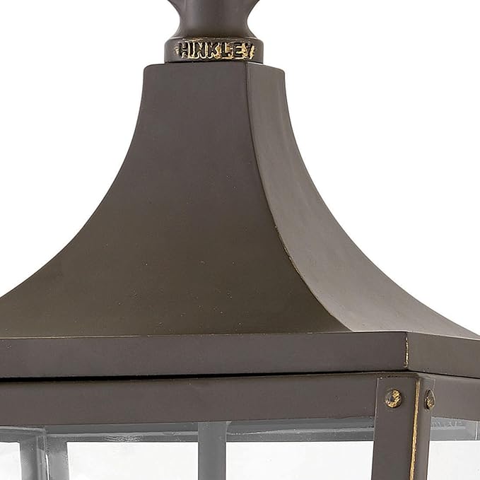 Hinkley Jaymes Large Hanging Outdoor Lantern - Aluminum, Clear Glass Panes, Rivet Details, Cast Finials - Oil Rubbed Bronze Finish