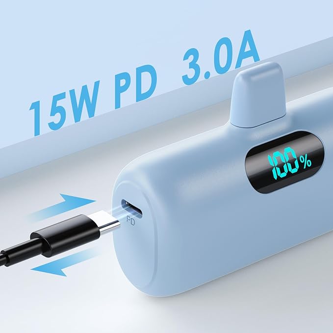 Mini Portable Charger for iPhone,Upgraded 5000mAh PD Fast Charging Battery Pack,LCD Display Cute Power Bank Portable Phone Charger for iPhone 14/14 Pro Max/13/13 Pro/12 Pro/11/XS/XR/X/8/7/6-Light Blue