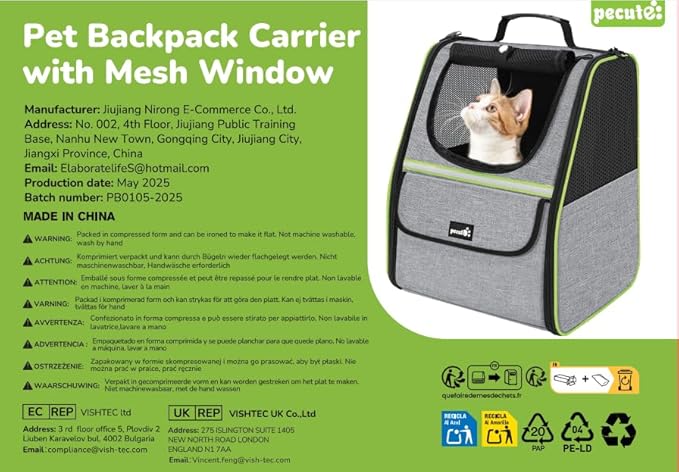 Pecute Cat Backpack Carrier, Small Dog Backpack Carrier, Pet Backpack Carrier for Cats Dogs Puppy Kitten, Cat Carrier Bag Carrying for Travel Hiking Bike Riding Walking Outdoor,Light Gray