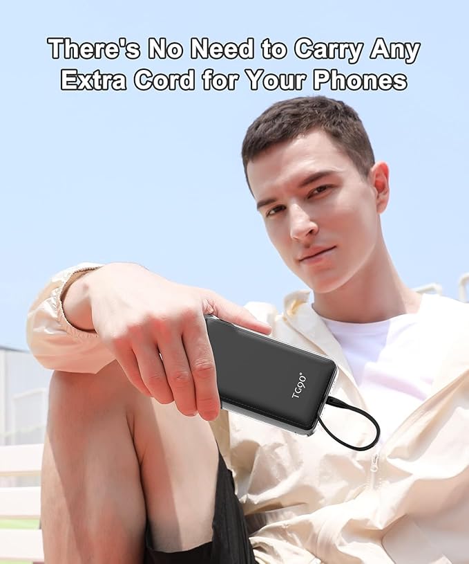 TG90° Portable Charger with Cords 10000mAh Power Bank with Built in Cables Battery Backup Cell Phone External Battery Pack Compatible with iPhone 17 16 15 14 13 12 Samsung S22 S21 Google iPad etc