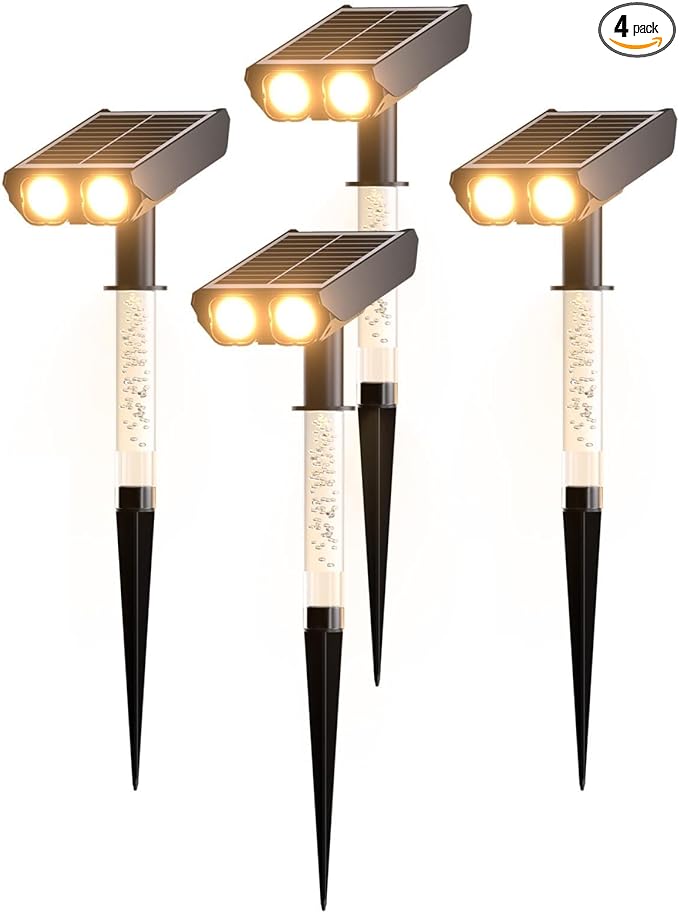 Solar Lights Outdoor Waterproof: 2 IN 1 Solar Spot Lights with 2 Lighting Modes & PC Light Guide Column for Tree Garden Yard Pathway | Warm Yellow 3000k Landscape Lights | IP65 Waterproof | 4 Pack