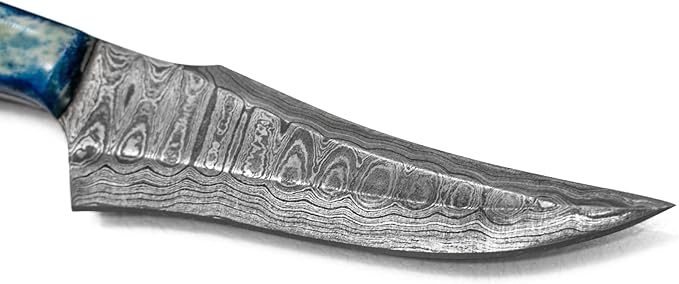 Titan International Knives 7.2" Damascus Hunting Skinning Knife | Handmade Fixed Blade 1095 4340 Carbon Mix Hand Pounded | Blue Dyed Bone Handle with Leather Sheath Perfect for Camping