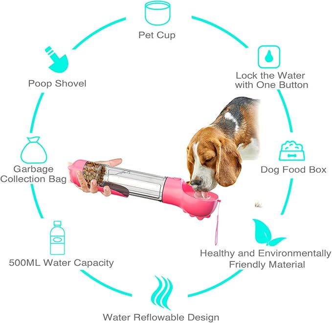 DoqiPaw Dog Travel Water Bottle Leak Proof No Spill Lead Leash Waterer Feeder Accessory Alternative to Dispenser Portable Pet Bowl Large Dogs(500ml) (Pink)