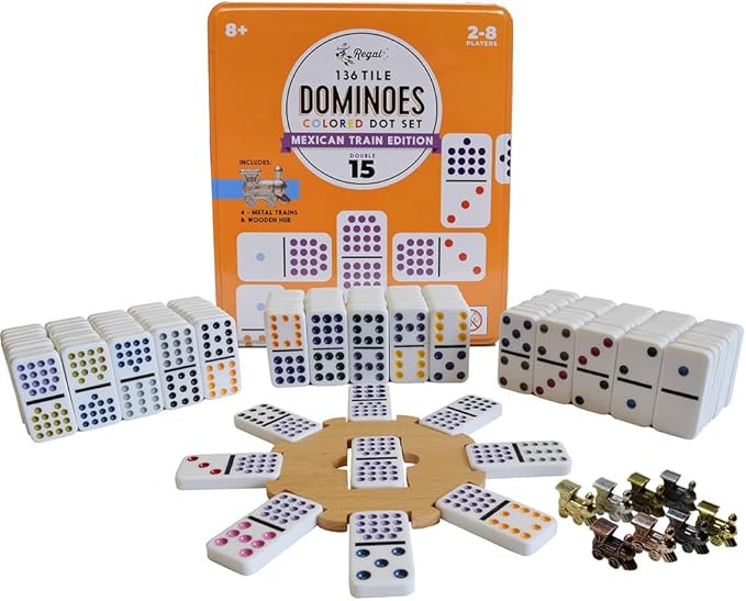 Regal Games - Mexican Train Dominoes Game Set - Double 15 Colored Dot Dominoes - 8 Metal Trains, 136 Tiles, Wooden Hub, Collector?™s Tin - Fun Family-Friendly Game - for 2-8 Players
