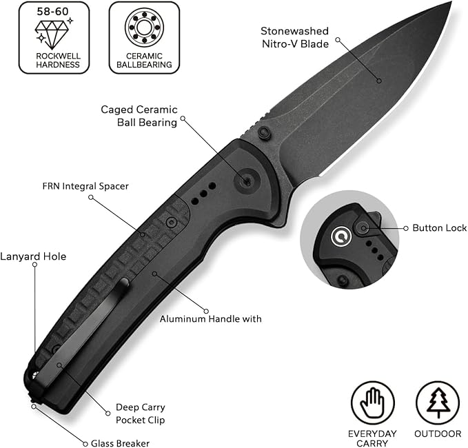 CIVIVI Folding Pocket Knife, Sentinel Strike II Utility Knife with Glass Breaker, 3.7" Nitro-V Blade Aluminum Handle, EDC Knife for Outdoor Survival Hunting Hiking Camping C22025D-1, Black