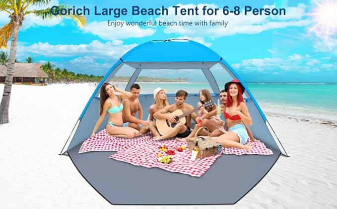 Gorich Beach Tent Sun Shelter for 3/4-5/6-7/8-10 Person with UPF 50ï¼?UV Protection, Lightweight & Easy Setup Beach Shade Canopy, Portable Beach Shade Tent Beach Cabana