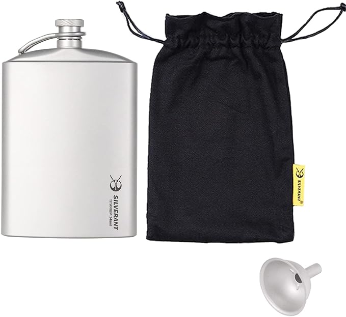 SILVERANT Titanium Hip Flask 248ml/8.73 fl oz, Ultralight Portable Leakproof Pocket Flask Flagon With Screw Cap Clip, Drawstring Cloth Case & Pouring Funnel