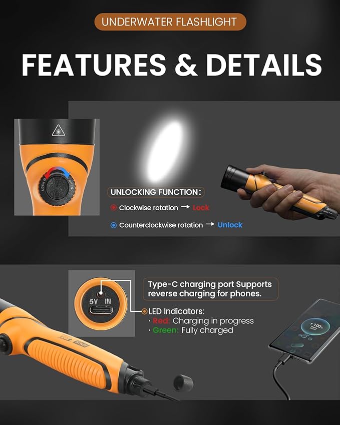 Premium Diving Safety Light – Powerful Waterproof Flashlight for Scuba Gear & Spearfishing – Up to 300 Meters Range, IPX8 Rated Dive Light
