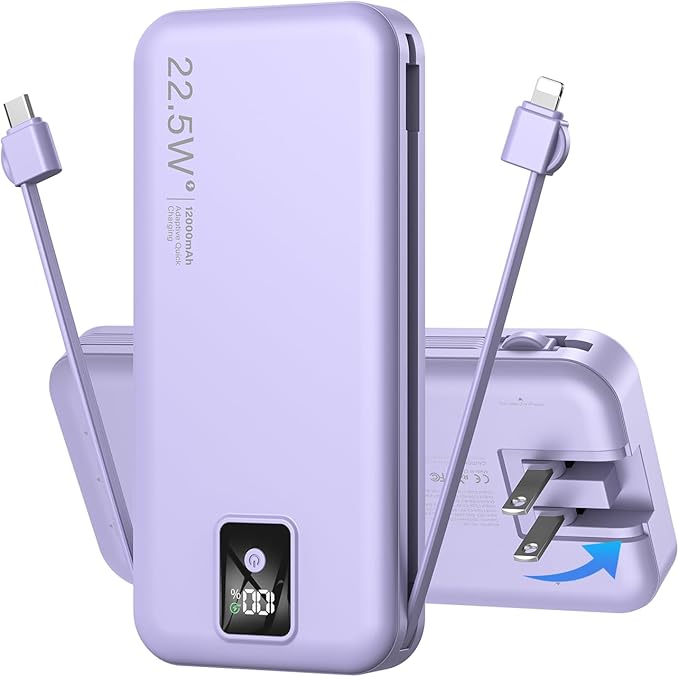 Portable Charger Built-in Cables and AC Wall Plug, 12000mAh power Bank, USB C 22.5W Fast charging Phone Charger ,Compact Lightweight External Battery Pack for iPhones, iPad, Samsung,Tablets, etc.
