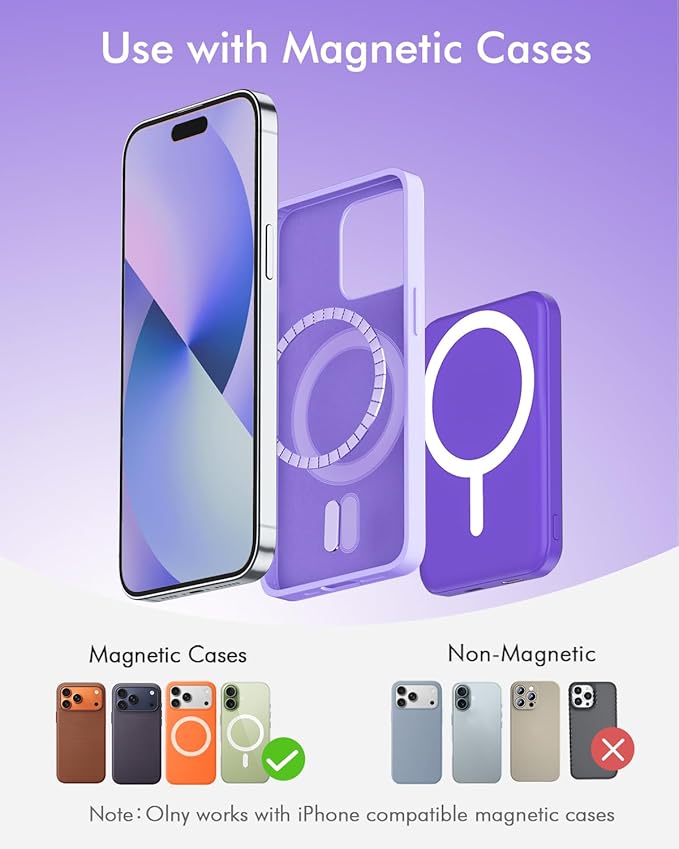 podoru for Magsafe Battery Pack, 5000mAh Magnetic Power Bank with Type-C Cable 20W PD Fast Charging Lighting Input Wireless Portable Charger for iPhone 17/16/15/14/13/12/ All Series-Demon Purple