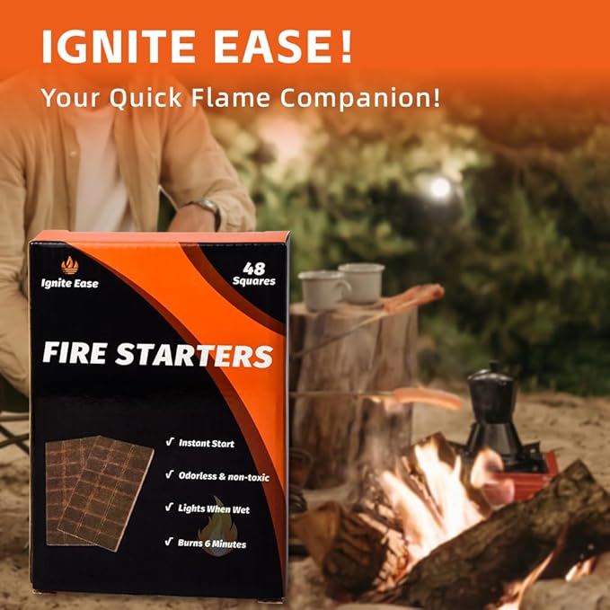48-Pack Fire Starter Squares - Waterproof Cubes for Charcoal Grill, Camping & Survival | Odorless, Eco-Friendly Firelighters for Fire Pit, BBQ, Wood Stove