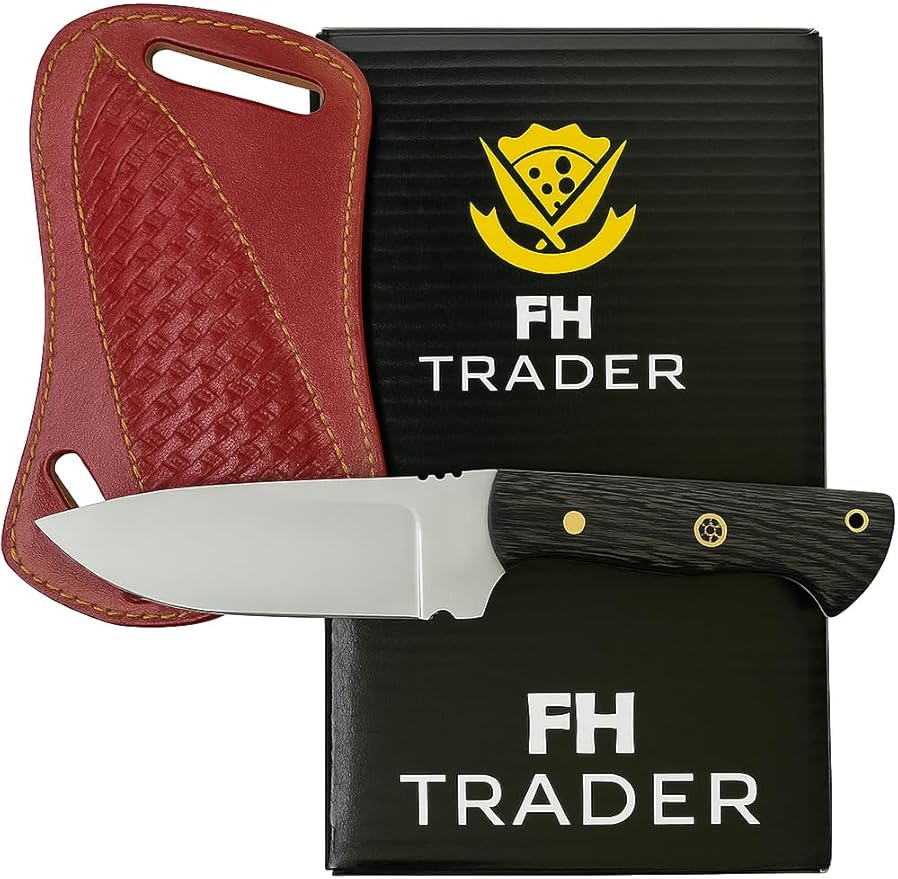 Custom Handmade Hunting Wengi Wood Knife with Leather Sheath - Ideal for Skinning, Outdoor Camping, Hiking - EDC Fixed Blade Bushcraft Knives with Walnut Wood Handle. (Maroon Wengi Knife)