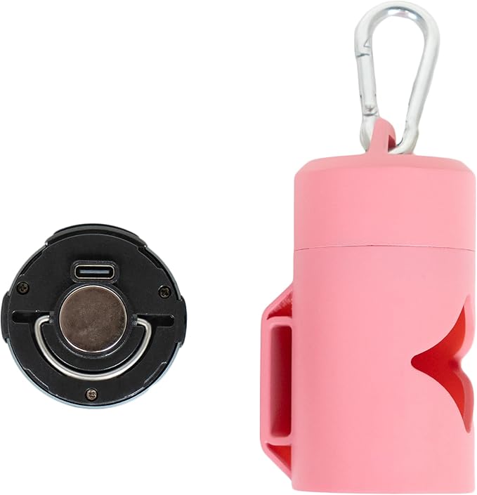 Lumi Dog Waste Bag Holder with LED Flashlight, Hands-Free Dog Walking Accessory with Carabiner Clip & Bags - Great for Camping and Lighting Your Path (PINK)