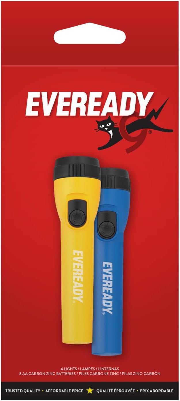 EVEREADY LED Flashlights (4-Pack), Bright Flashlights for Emergencies and Camping Gear, Flash Light with AA Batteries Included, Blue/Yellow (4-Pack)