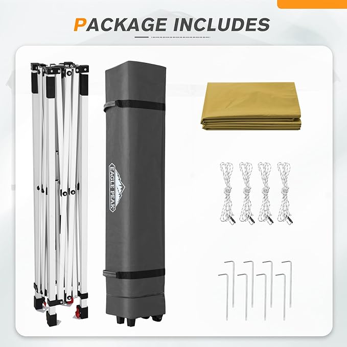 EAGLE PEAK Pop Up Canopy Tent with Wheeled Carry Bag, 8 Stakes, 4 Ropes, Easy Set Up Tent Canopy, 6.6x6.6 ft, Beige