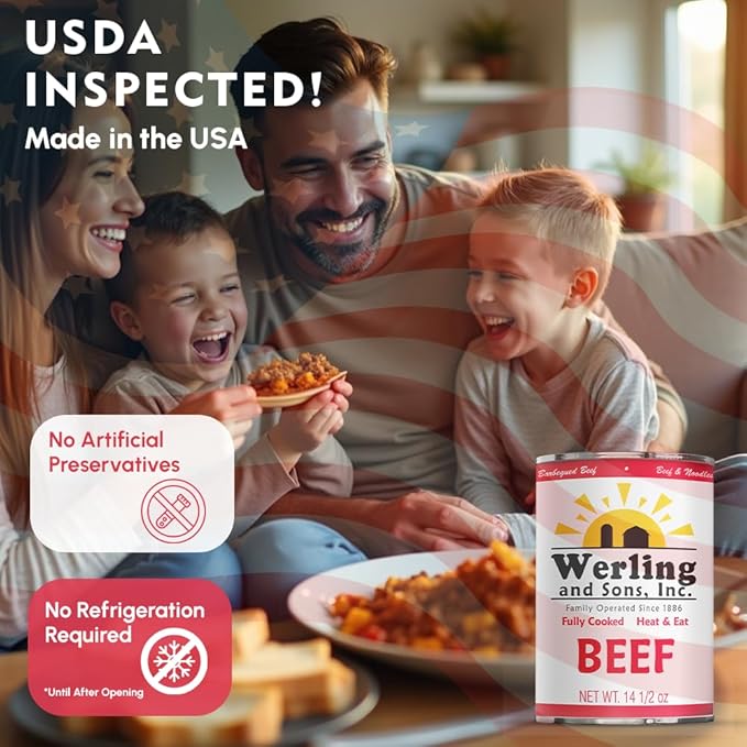 Werling Meat Canned Beef 14.5 Oz – Fully Cooked, Heat & Eat | Shelf Stable Canned Meat for Pantry Staples, Everyday Meals, Camping, Hiking, Emergency & Survival | 5-Year Shelf Life | Pack of 12