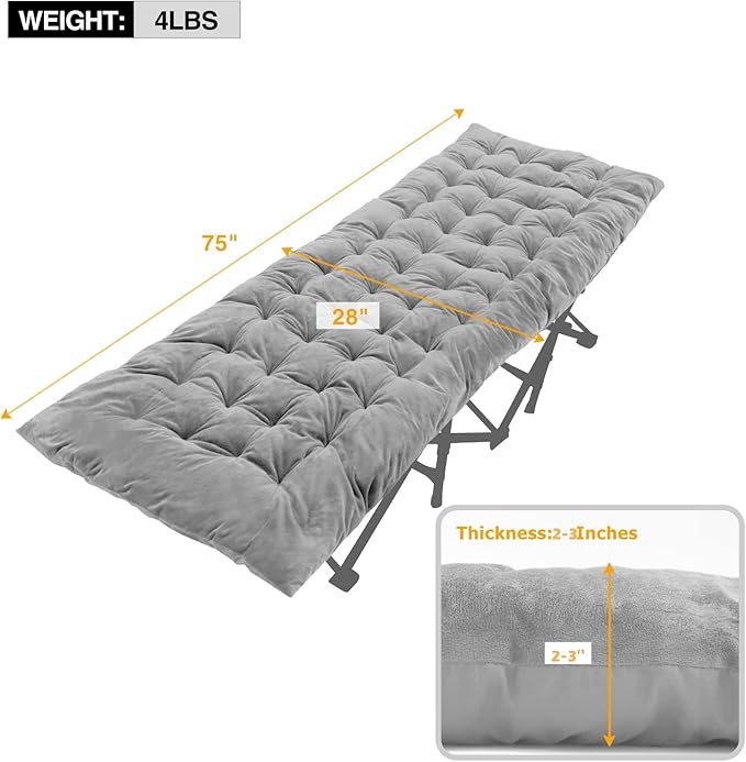 REDCAMP Folding Cot Pads for Sleeping Extra Thick, Soft Comfortable Velvet & Corduroy Cotton Camping Cot Mattress Pad for Backpacking Hiking, Black Blue Brown Grey 75x30 inches