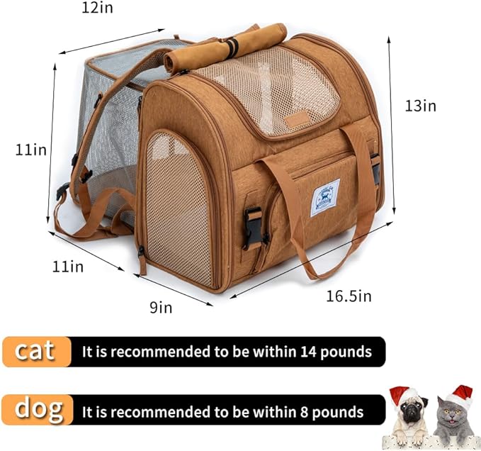 Pet Backpack Carrier for Small Dogs Medium,Large Cats, Puppies,Breathable and Collapsible Design, Portable Travel Bag for Bearded Dragon,Rabbit Cage (Brown +Two-Shoulder, Large)