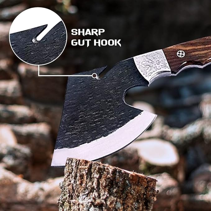 Dessi D2 Steel Blade Axe Hatchet Gut Hook Tomahawk Hunting Knife Camping Hiking Damascus SM73