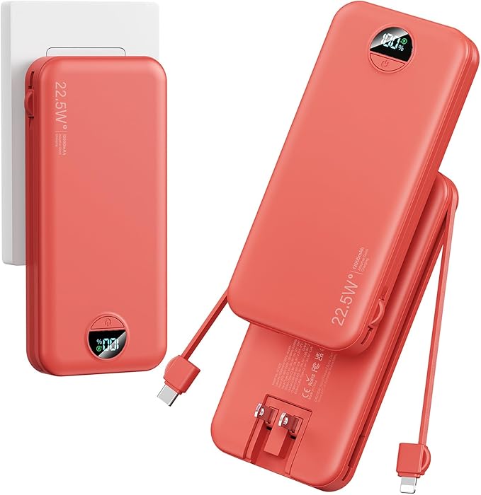 12000mAh Ultra-Portable-Charger-Power-Bank with Built in Cables&AC Wall Plug,PD20W USB-C Fast Charging Cell Phone Charger Battery Pack,LED Display Travel Battery Bank for All iPhone,Samsung,Android