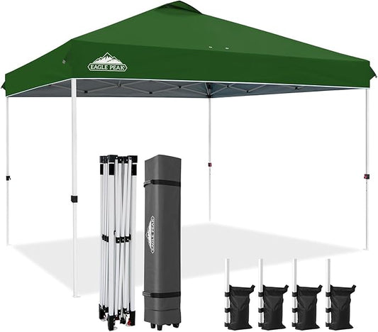 EAGLE PEAK Pop Up Canopy Tent with Wheeled Carry Bag, 8 Stakes, 4 Ropes, 4 Weight Bags, Easy Set Up Tent Canopy, 12x12 ft, 144sqft of Shade, Green