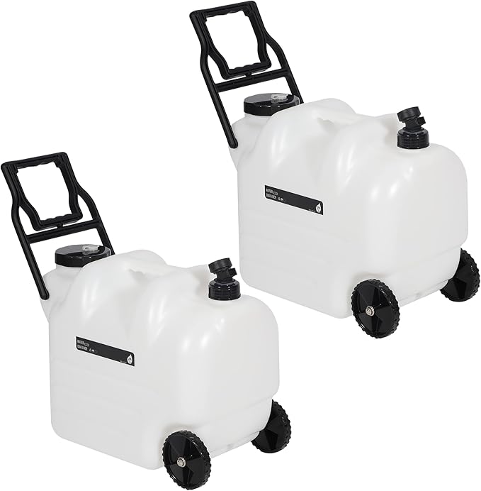 REDCAMP 7.4 Gal Water Container with Wheels & Spigot | Portable Rolling Emergency Camping Water Jug with Folding Handle | BPA Free Food Grade Water Storage Tank for Camping, Hiking 2 Pack (28L, White)