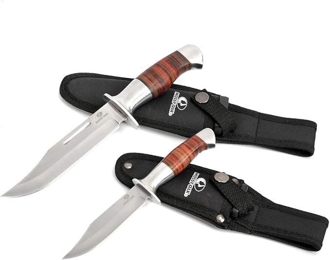 Mossy Oak Fixed Blade Bowie Knife, 2-piece Hunting Knife with Leather Handle Featuring Laser Pattern, Sheath Included