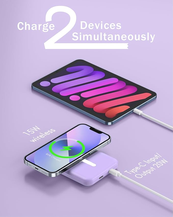 podoru for Magsafe Battery Pack, 5000mAh Magnetic Power Bank with Type-C Cable 20W PD Fast Charging Lighting Input Wireless Portable Charger for iPhone iPhone 17/16/15/14/13/12/ All Series-Purple