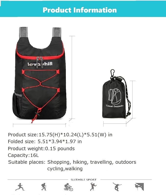 16L Lightweight Foldable Hiking-Backpack Small Packable-Daypack For Travel,Ultralight Water-Resistant Gym Bag Men Women Easy Carry-on (Black+Red)