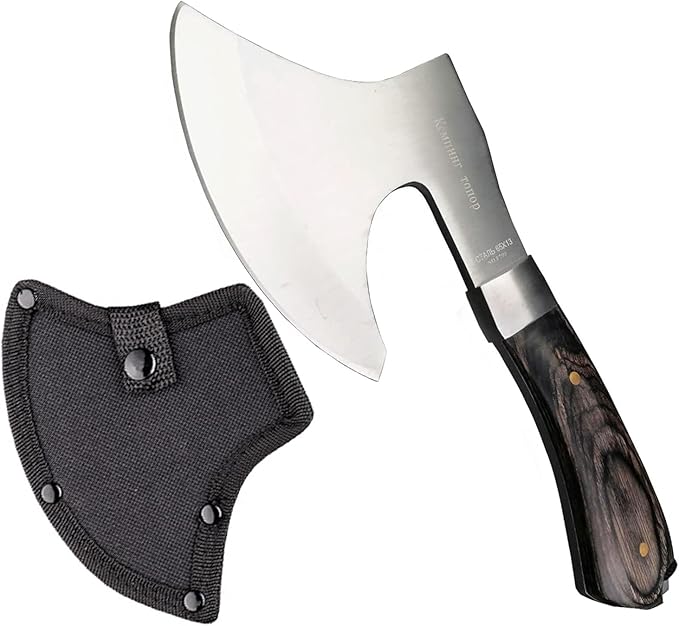 DOOM BLADE 8.5" Camping Hatchet Axe with Nylon Sheath,Small Tomahawk Viking Axe Forged High Carbon Steel for Full Tang Wooden Grip,Portable Camping Axe for Outdoor Splitting Wood,Hunting Survival
