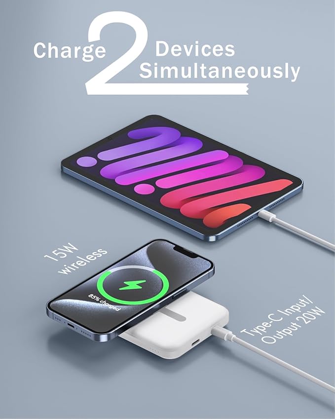podoru for Magsafe Battery Pack, 5000mAh Magnetic Power Bank with Type-C Cable 20W PD Fast Charging Lighting Input Wireless Portable Charger for iPhone 17/16/15/14/13/12/ All Series-White