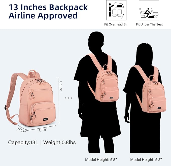 Carry On Travel Backpack For Men Women, 13 Inch Small Mini Work Bag Personal Item Backpacks, Camping Back Pack Lightweight Hiking Daypack For Office Nurse Commuter (Pink)