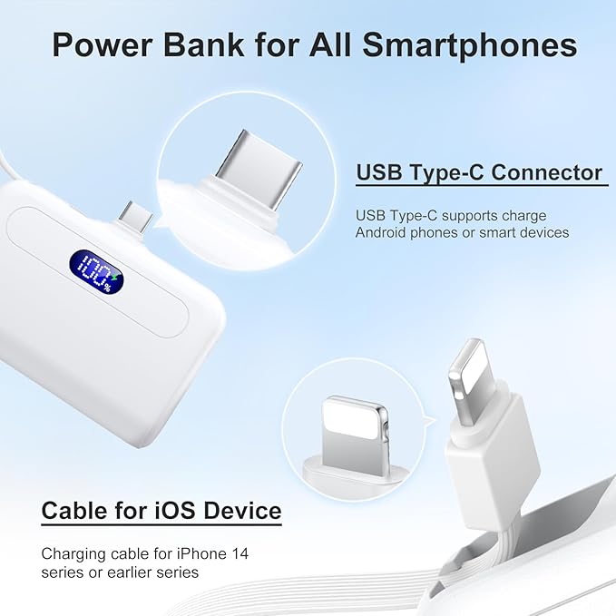 12000mAh Power Bank Mini Portable Charger with Lightning and USB-C Ports LCD Display Battery Pack Compatible with iPhone and Android Smartphone