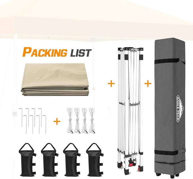 EAGLE PEAK Pop Up Canopy Tent with Wheeled Carry Bag, 8 Stakes, 4 Ropes, 4 Weight Bags, Easy Set Up Tent Canopy, 10x10 ft, 100sqft of Shade, Light Beige