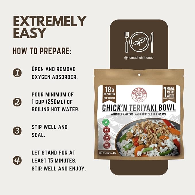 Nomad Nutrition Chick'n Teriyaki Bowl | Instant Freeze Dried Backpacking & Camping Food | Plant-Based, Non-GMO Hiking Meals with High-Energy, Vegan | 112g - 1 Pack