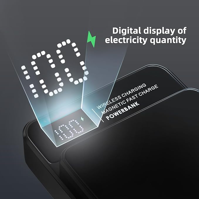 Magnetic Power Bank, 10000mAh Magnetic Portable Charger, 22.5W Wireless Power Bank, USB-C Fast Charging, LED Display Magnetic Battery Pack, Compatible for iPhone 17/16/15/14/13 Pro/Pro Max/Plus(Black)