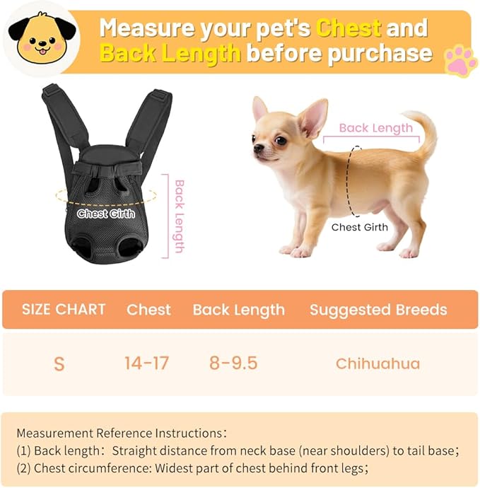 Inspack Dog Backpack Carrier/Cat Carrier, Adjustable Pet Front Carriers Travel Bag for Puppy Medium Dogs, Legs Out, Soft Ventilated Dog Chest Carry Backpacks for Hiking/Camping, 2.5-4 lbs, Black