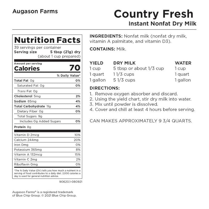 Augason Farms Country Fresh Instant Nonfat Dry Milk Can, Emergency Food Supply, Everyday Meals, 39 Servings