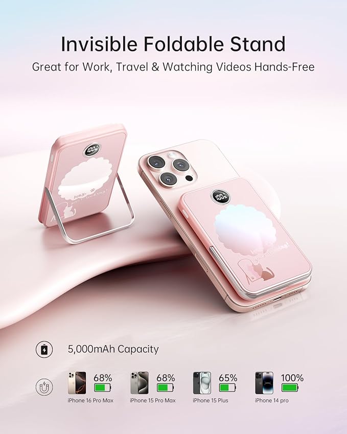 iWALK Magnetic Portable Charger 5,000mAh, Wireless Power Bank with Mirror & Foldable Stand, Ultra Slim Battery Pack with USB-C Cable, MagSafe Compatible for iPhone 17/16/16 Plus/16 Pro/15/14/13/12