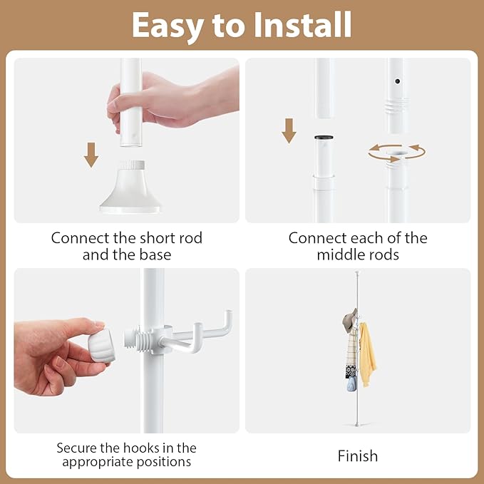 Coat Rack Freestanding, 56 to 125 inch Adjustable Tension Rod Coat Tree with 12 Hooks for Hanging Plant,Coat, Jacket, Hat, Scarf, Suitable for Living Room, Balcony, Kitchen White
