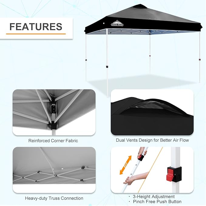 EAGLE PEAK Pop Up Canopy Tent with Wheeled Carry Bag, 8 Stakes, 4 Ropes, 4 Weight Bags, Easy Set Up Tent Canopy, 12x12 ft, 144sqft of Shade, Black