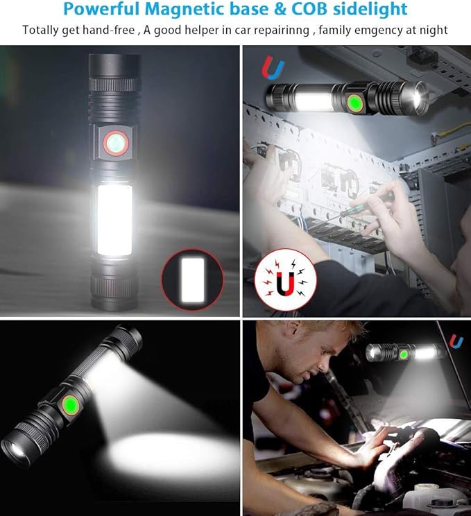 Hoxida Flashlight USB Rechargeable, Magnetic LED Flashlight, Super Bright LED Tactical Flashlight with Cob Sidelight, Waterproof, Zoomable Best Small LED Flashlight for Camping, Emergency Flashlights