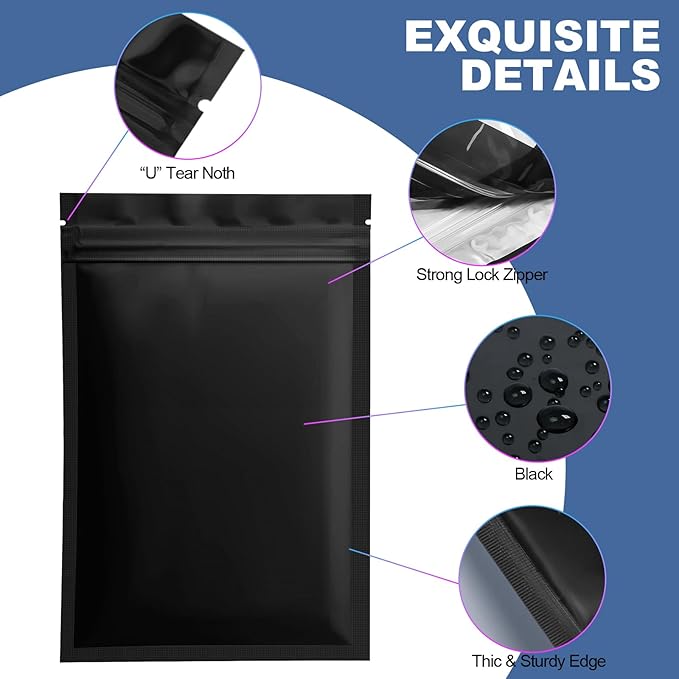 100 Pack Smell Proof Mylar Bags for Food Storage - 4 x 6 Inch Resealable Packaging Pouch Bags for Small Business Lipgloss Jewelry Matte Black