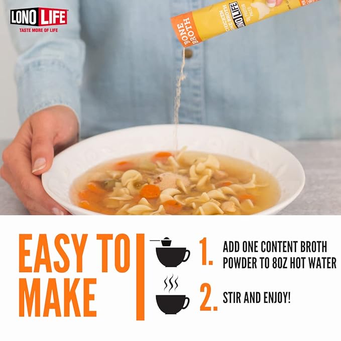 LonoLife Reduced Sodium Chicken Bone Broth Powder Mix | 10g Protein | Collagen-Rich, Keto & Paleo Friendly | Natural Ingredients | 10 Portable Stick Pack Servings