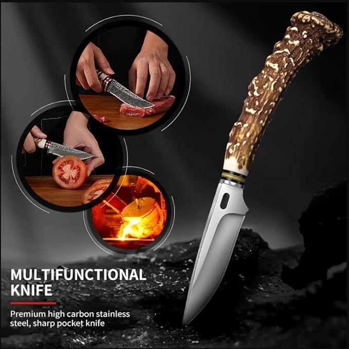 Plys Fixed blade knife, survival knife, Hunting Knife With Leather Sheath, Camping Outdoor Sharp Blade BBQ Knives,Gifts for Men